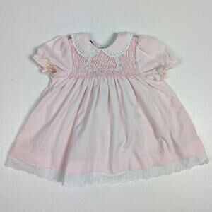 Vtg Polly Flinders Dress Baby Girls Sz 0-3m Pink Smocked Classic Spring Easter